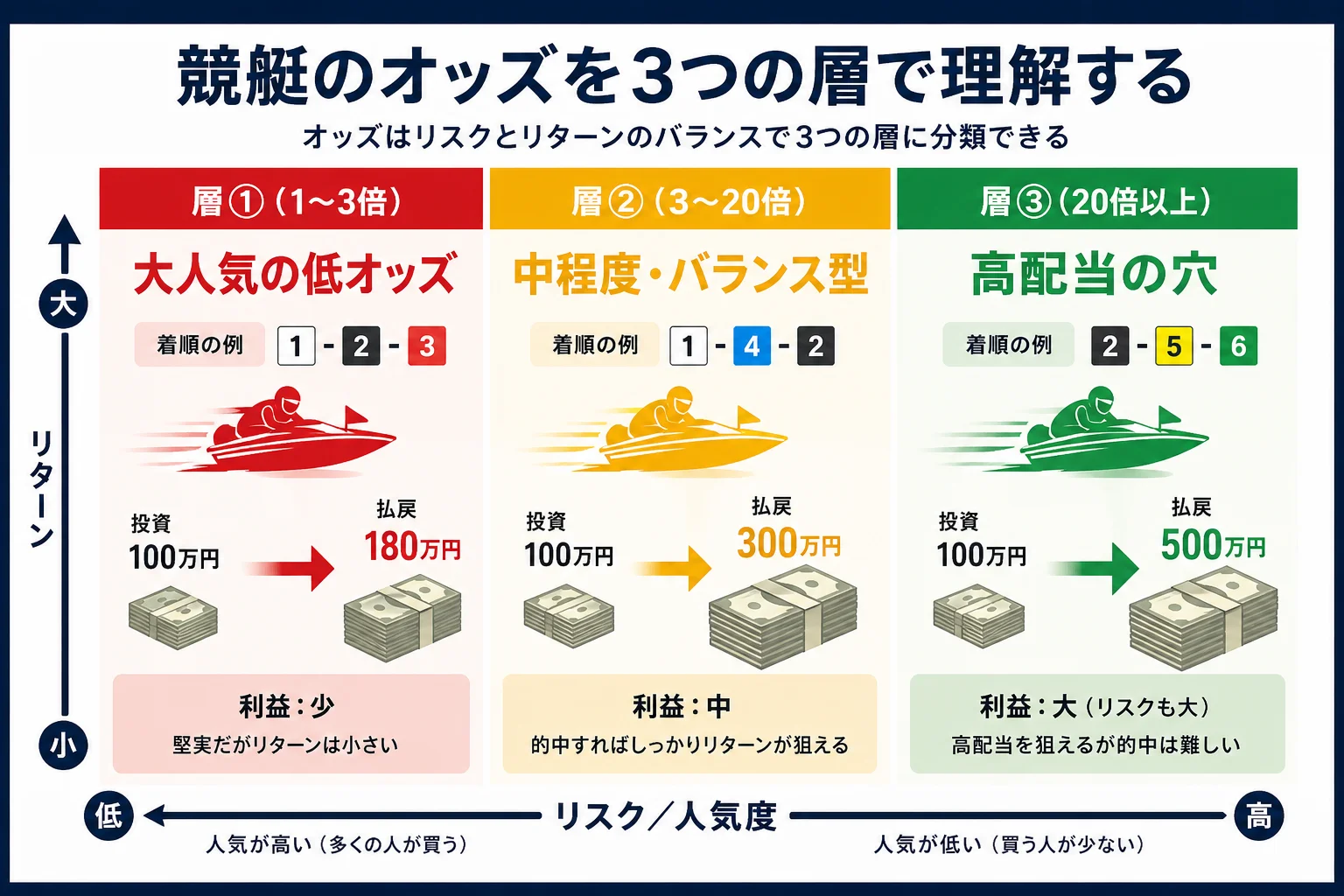 競艇のオッズを3つの層で視覚化した図解