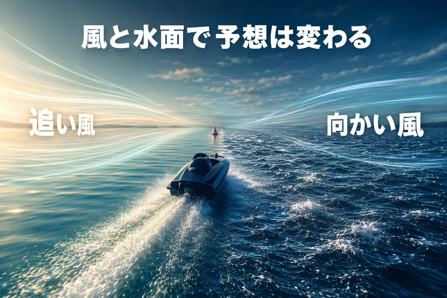 風向きと水面の状態が競艇予想に与える影響のイメージ