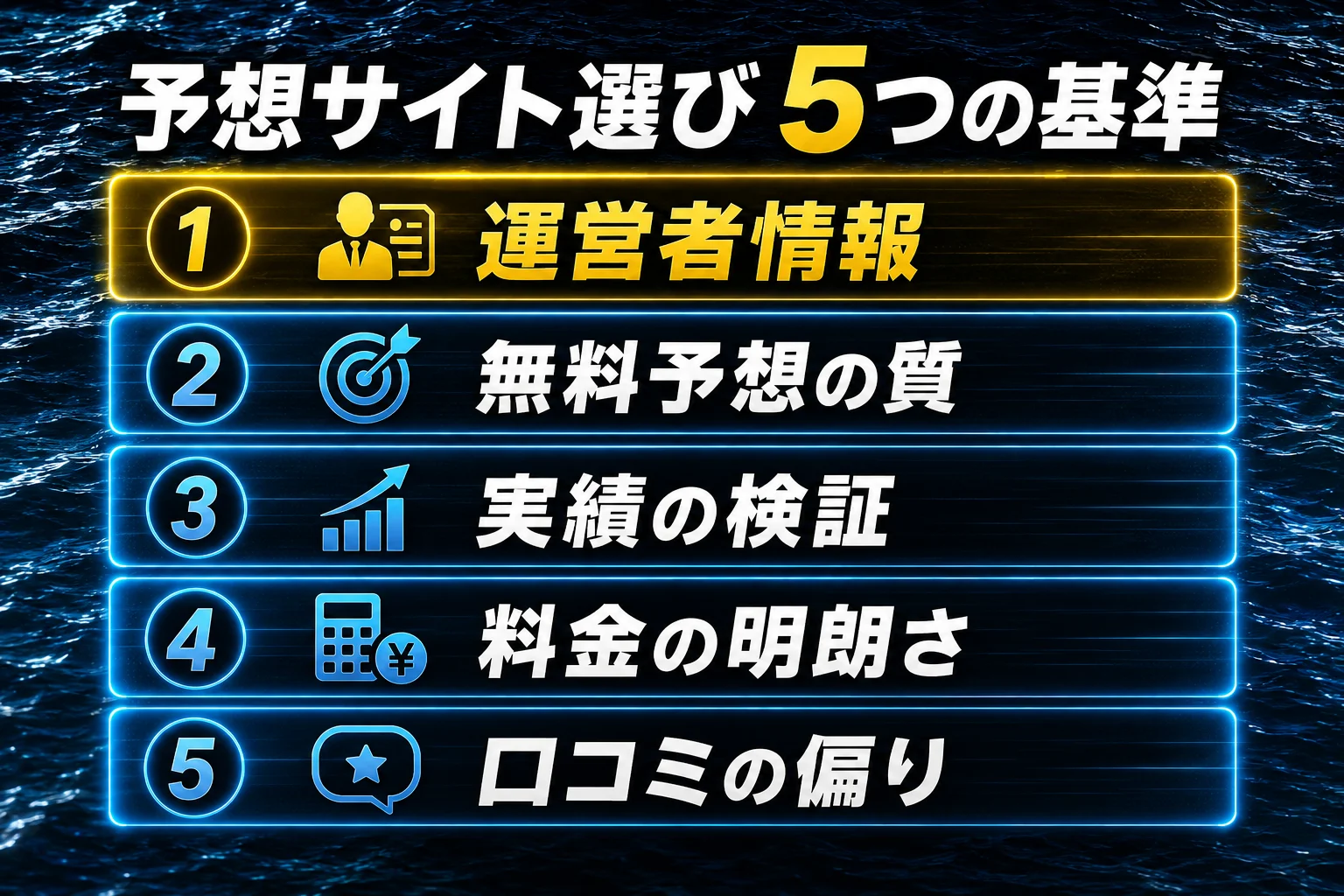 競艇予想サイトを選ぶ5つのチェック基準を示すイメージ