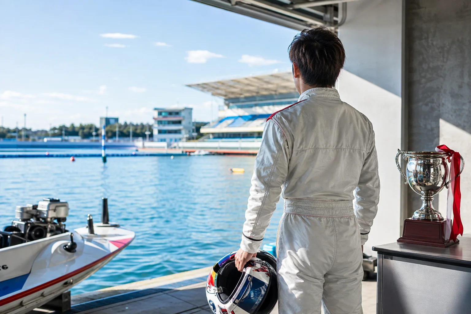 三重支部のトップレーサーがレース前に水面を見つめるイメージ